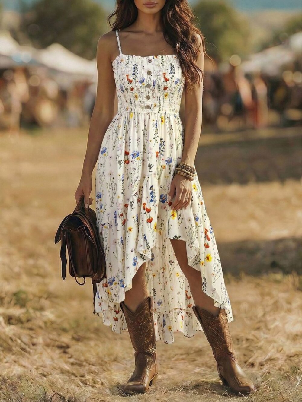 White Boho Women's Casual Floral Print Cinched Waist Midi Dress - Picture 7 of 7